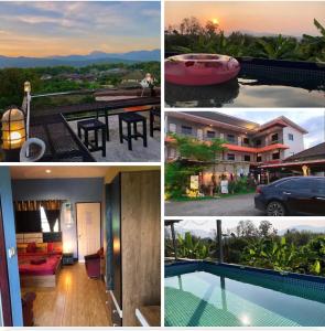 a collage of pictures of houses and a swimming pool at โรงแรมแสนดีเพลส เมาเท่นวิว จอมทอง in Chom Thong