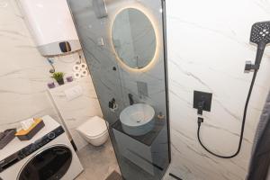 a bathroom with a toilet and a mirror at Apartman Holiday in Šibenik