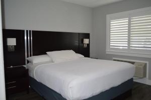 Fairview Inn & Suites في هيلدسبورغ: غرفة نوم مع سرير أبيض كبير مع نافذة