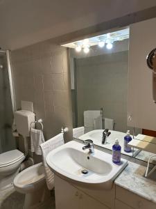 a bathroom with a sink and a toilet and a mirror at Casa Vacanze Diva in Rosignano Solvay