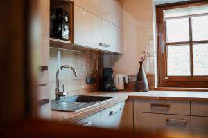 a kitchen with a sink and a window at Haus Schlager "dasFerienhaus" in Annaberg im Lammertal +18 photos