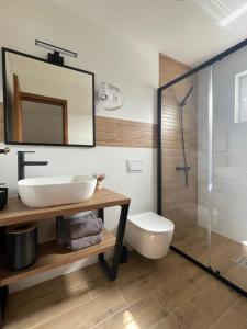 La salle de bains est pourvue d'un lavabo, de toilettes et d'une douche. dans l'établissement House Magdic Plitvice, à Grabovac