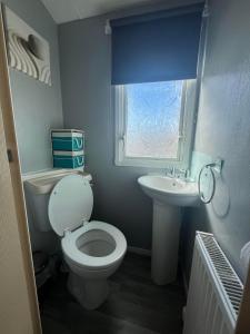 a bathroom with a toilet and a sink and a window at Grouse 54, Scratby - California Cliffs, Parkdean, sleeps 6, pet friendly, bed linen, towels and Wi-Fi included in Scratby