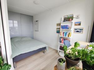 a bedroom with a bed and a book shelf at Nordic design flat including bikes in Copenhagen