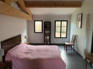 a bedroom with a bed and a chair and two windows at Villa Cabries in Cabriès