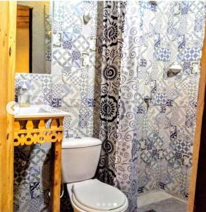 a bathroom with a toilet and a shower curtain at Vieja Aduana in Zipaquirá