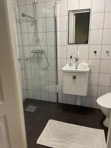 uma casa de banho com um chuveiro, um lavatório e um espelho. em Bärsta Svit BnB em Kolbäck