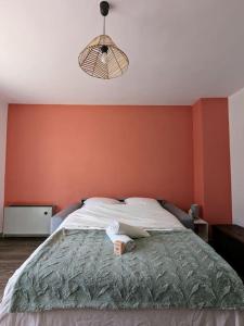 ein Schlafzimmer mit einem großen Bett und einer orangefarbenen Wand in der Unterkunft The place to be, parking gratuit in Roanne