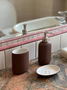 a bathroom with two bottles of soap and a sink at Appartamento Brione Lido in Nago-Torbole