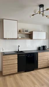 a kitchen with a black dishwasher and wooden cabinets at Voyage in Kehl am Rhein