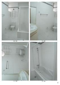 four pictures of a white bathroom with a tub and sink at Moradia Triplex in Praia