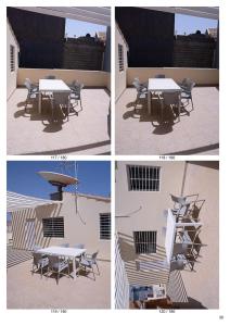 vier Bilder von einem Tisch und Stühlen vor einem Gebäude in der Unterkunft Moradia Triplex in Praia