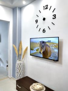 a tv hanging on a wall with a horse on it at Niko's Apartment - Beautiful Sea View Apartment ! in Perea