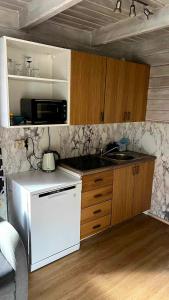 a kitchen with a white refrigerator and a sink at Domki wypoczynkowe LAS in Śliwice