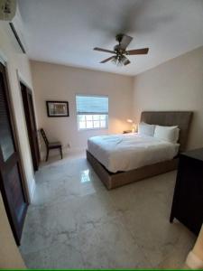um quarto com uma cama e uma ventoinha de tecto em Kolibri Central Villa em The Bight Settlements