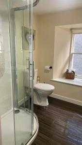 La salle de bains est pourvue de toilettes et d'une douche en verre. dans l'établissement City Centre Bridge Street Apartment, à Kirkwall