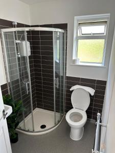 a bathroom with a toilet and a glass shower at Deluxe Beach House in Brighton & Hove