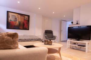 uma sala de estar com uma grande televisão de ecrã plano em Koselig studioleilighet i Sandnes sentrum em Sandnes