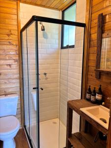 a bathroom with a shower and a toilet and a sink at Into The Wild Cabin in Gonçalves +43 photos