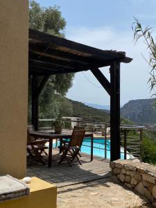 a patio with a table and chairs next to a pool at Melolia Estate in Thiva +14 photos