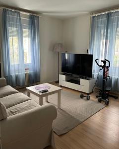 a living room with a couch and a flat screen tv at Cozy room with private bathroom in Turgi