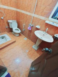 La salle de bains est pourvue de toilettes et d'un lavabo. dans l'établissement FAMIlYGUESTHOUSE KARACHIAIRPORT, à Karachi