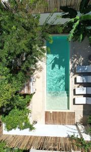 una vista aérea de una piscina con árboles en Villa Sorella in Aldea Zama 24Hrs Security, 5min to the beach en Tulum