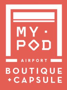 un cartello rosso con le parole mypdt aeroporto di My pod Capsule Boutique Airport a Ezeiza