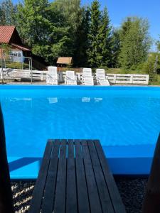 a blue swimming pool with white chairs in the background at Agroturystyka w Łęgowie, Domki na Mazurach in Olecko