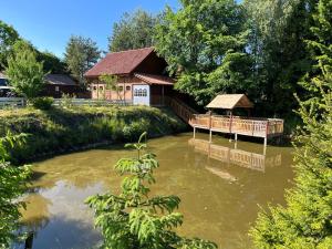a pond with a house in the middle of it at Łęgowska Dolina in Olecko