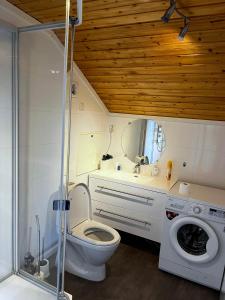 a bathroom with a toilet and a sink and a washing machine at Nordsjøvegen in Klepp