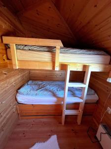 a bunk bed in a log cabin with a ladder at Nordsjøvegen in Klepp