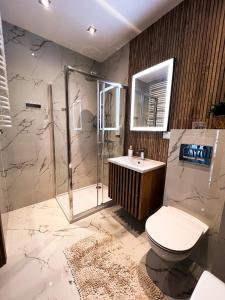 a bathroom with a shower and a toilet and a sink at Apartament Chełm in Chełm +18 photos