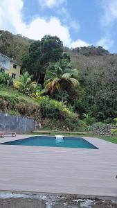 an empty swimming pool in front of a house at VILLA -Le Chalet Tropical in Le Marin