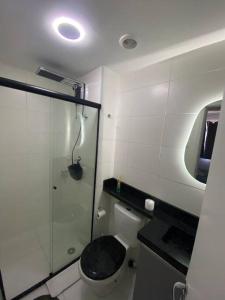 La salle de bains est pourvue d'une douche et de toilettes avec une porte en verre. dans l'établissement Apartment 1 bedroom Next Subway, Burle Marx, Hall, à São Paulo