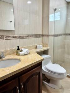 a bathroom with a toilet and a sink at Acogedor Apartamento Turístico in Cartagena de Indias
