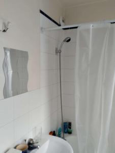 een badkamer met een douche, een wastafel en een spiegel bij Cozy chambre en Clichy, tout près de Paris in Clichy