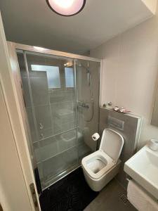 La salle de bains est pourvue d'une douche, de toilettes et d'un lavabo. dans l'établissement Piazza Square City Top Centre Apartments, à Split