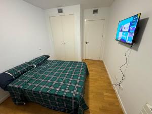 a bedroom with a bed and a flat screen tv at Hotelly Recuero in Madrid