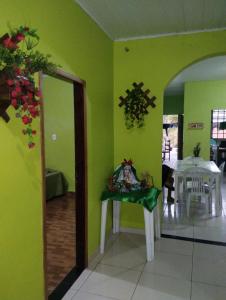 ein grünes Zimmer mit einem Tisch und einem Spiegel in der Unterkunft Casa em Parintins in Parintins