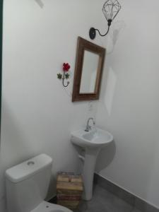uma casa de banho com um WC, um lavatório e um espelho. em Pousada Tabernáculo em Tiradentes
