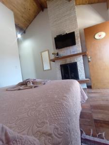 a bedroom with a bed and a fireplace at Recanto lavinia in Monte Verde