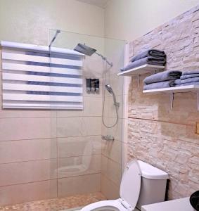 a bathroom with a shower and a toilet at Tropix Getaway - rental car available in Crocus Hill