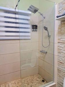 um chuveiro com uma porta de vidro na casa de banho em Tropix Getaway - rental car available em Crocus Hill