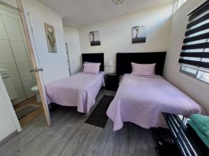 2 camas en una habitación con mantas moradas en HOSTAL EL AROMO.., en Chillán