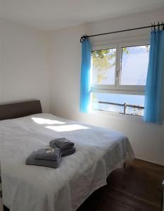 Schlafzimmer mit einem Bett und einem Fenster mit blauen Vorhängen in der Unterkunft Casa "Pipistrello" in Ronco sopra Ascona