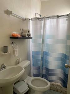 a bathroom with a toilet and a shower curtain at Casa santeli miramar in Ciudad Madero