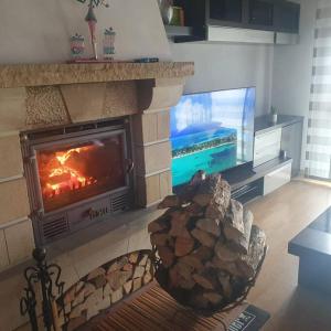 sala de estar con chimenea y TV de pantalla plana en Chalet en Asturias, en Gijón