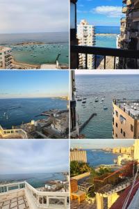 four different views of the ocean and buildings at برج الصفوه القبطان محمد يسرى للعائلات family only in Alexandria