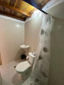 a bathroom with a toilet and a shower curtain at Apartaestudio cerca a parque Zapatoca in Zapatoca